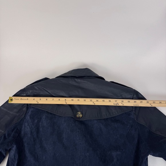 IMAN Trench Coat Women XL Navy Blue Genuine Leather Suede Mixed Media Belted - Picture 12 of 14